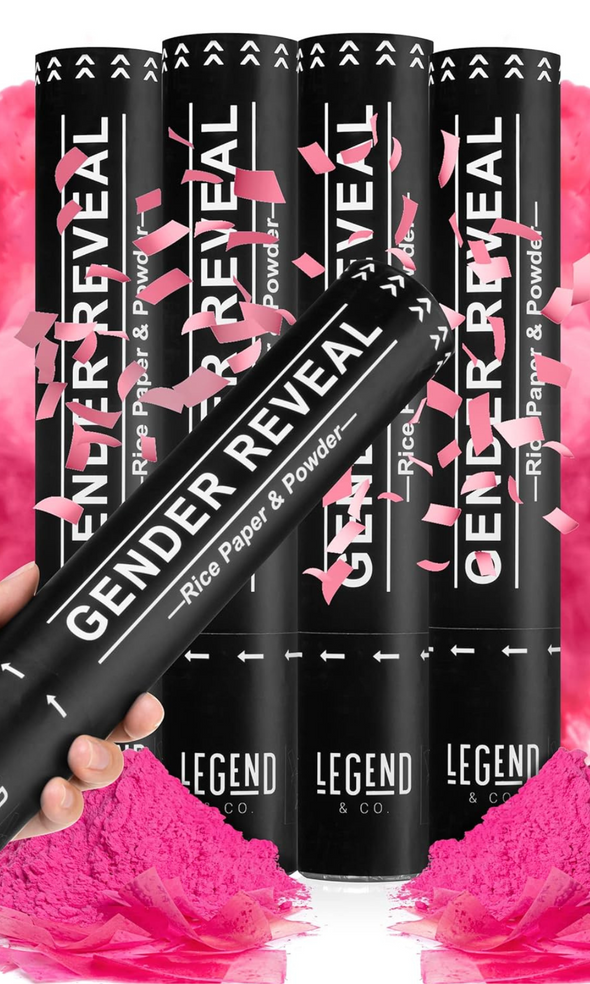 Legend & Co. Gender Reveal Confetti Powder Cannon - Set of 4 (Pink) Gender Reveal Party Supplies - 100% Water Soluble Rice Paper Safe Powder Smoke