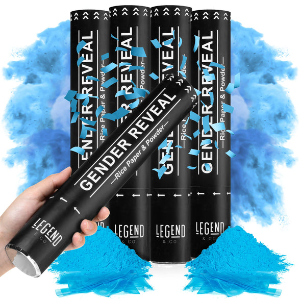 Legend & Co. Gender Reveal Confetti Powder Cannon - Set of 4 (Blue) Gender Reveal Party Supplies - 100% Water Soluble Tissue Safe Powder Smoke